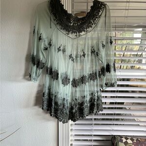 XCVI grayish Tunic with Black Lace Overlay
